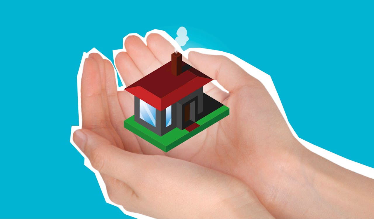 Accueil Cutout paper composition with house in handful showing concept of buying private apartment against blue background